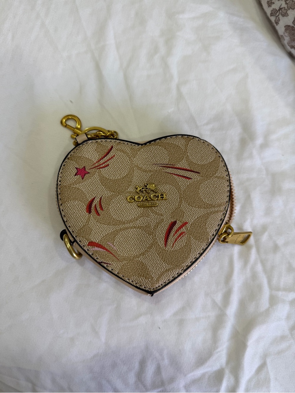 Coach Beige Signature Heart Coin Pouch with Red Accents